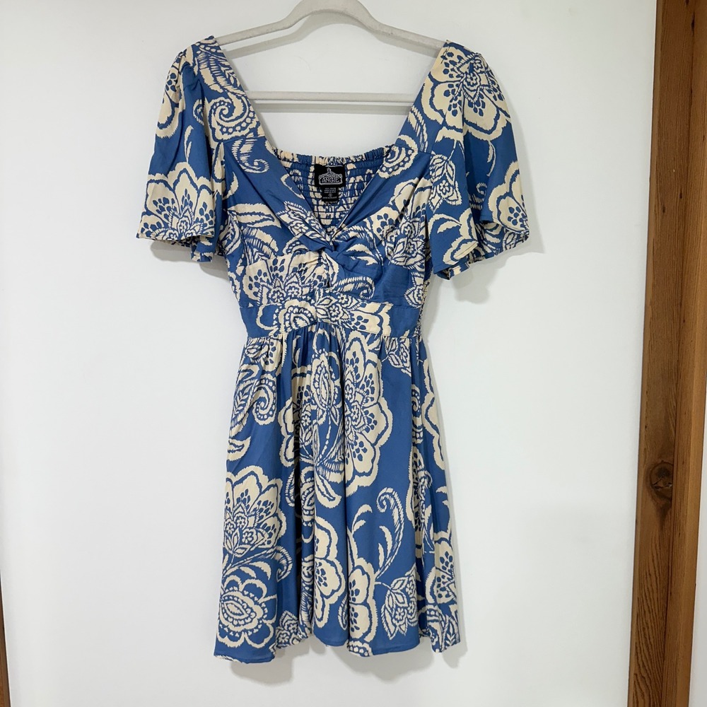 Angie Floral Mini Dress Women Small Blue Cream Smocked Boho Flutter Sleeve Rayon